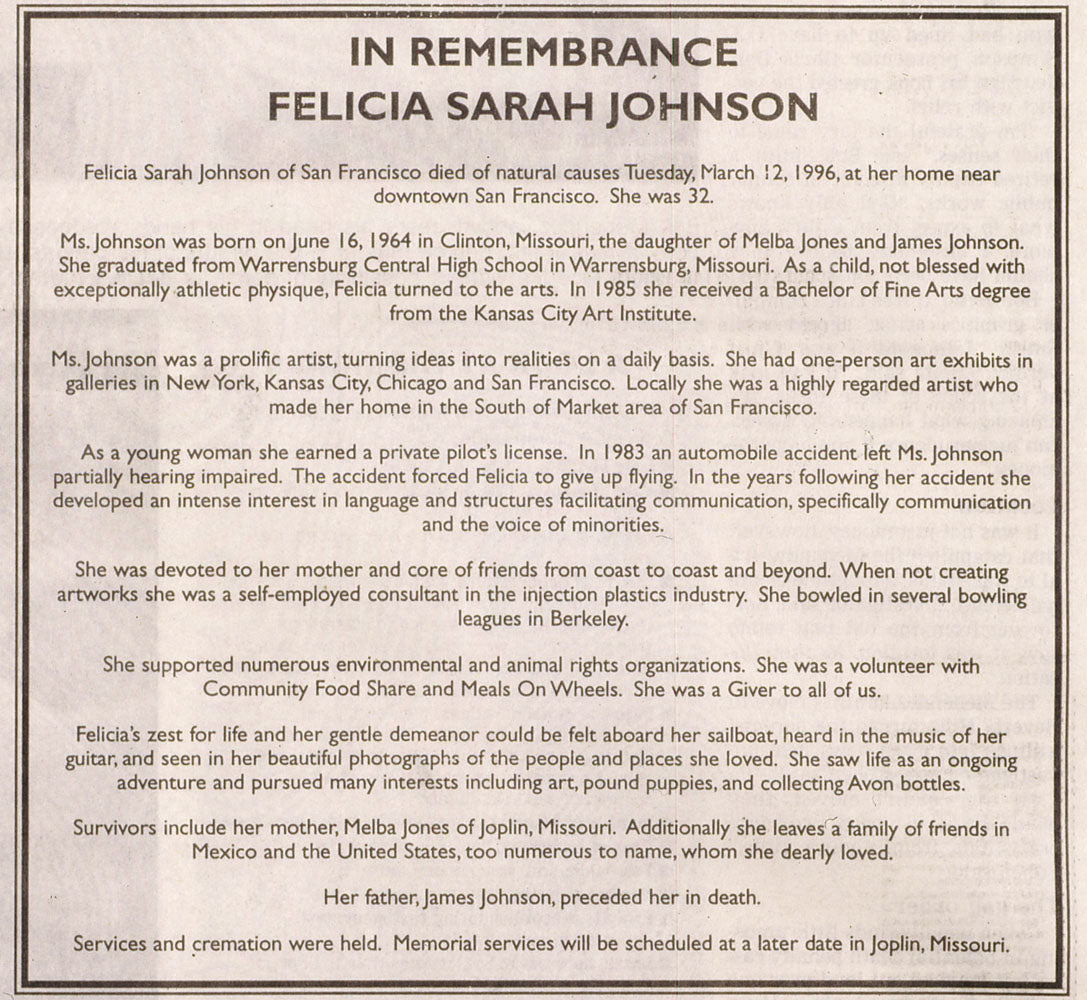 Burt Payne 3: Felicia Johnson's Obituary